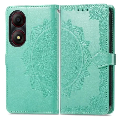Funda para ZTE Blade A34 de Cuero con Relieve de Flores Mandala (Verde)