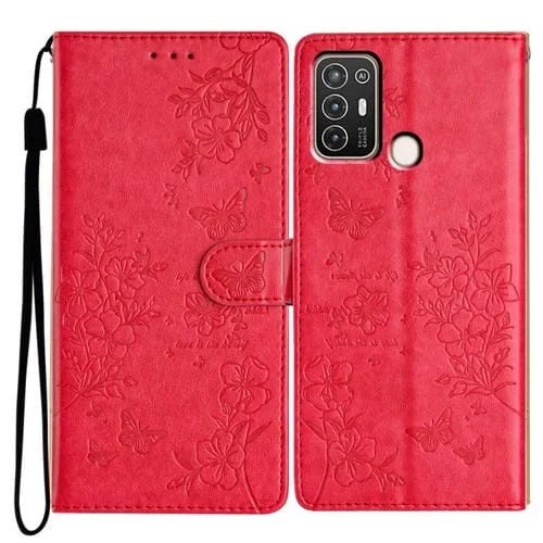 Funda para ZTE Blade A52 de Cuero con Relieve Flor y Mariposa (Rojo)