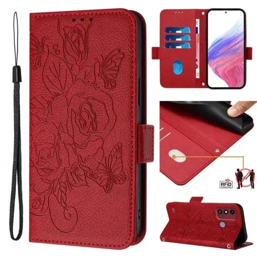 Funda para ZTE Blade A53 de Cuero Antirrobo RFID con Rosa en Relieve (Rojo)