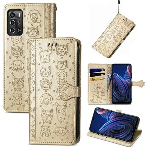 Funda para ZTE Blade A72 4G Cuero en Relieve Cute CAT And Dog (Oro)