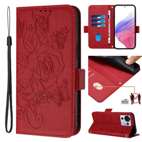 Funda para ZTE Blade V50 Vita de Cuero Antirrobo RFID con Relieve (Rojo)