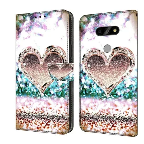 Funda Protectora de Cuero para LG K31 Crystal 3D a Prueba de Golpes (Corazón de Diamante Rosa)