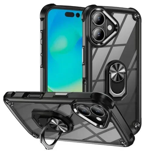 Funda Protectora de Lente TPU + PC para iPhone 16 Plus con Soporte de Anillo (Negro)