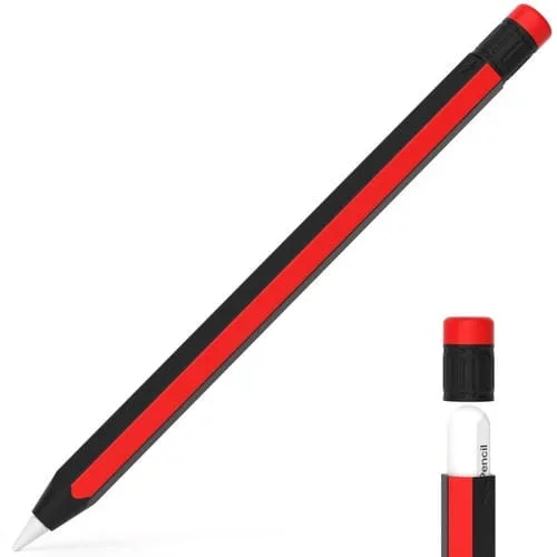 Funda Protectora de Silicona para Apple Pencil 2 y Pencil Pro con Lápiz Óptico Estilo Lápiz (Negro Rojo)