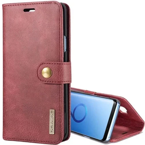 Funda Protectora Dg.Ming Galaxy S9 Crazy Horse Textura Magnética Desmontable Tapa Horizontal Soporte Ranuras Tarjetas Billetera (Rojo)