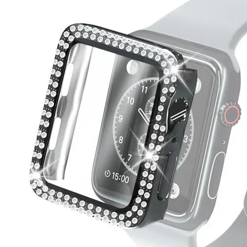 Funda Protectora Diamante Galvanoplastia con Vidrio Templado para Apple Watch Series 6 SE 5 4 40mm (Negro)