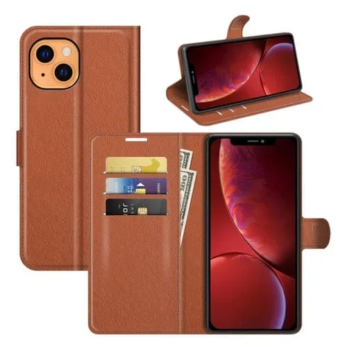 Funda Protectora iPhone 13 Mini Litchi Texture con Tapa Horizontal Soporte y Ranuras para Tarjetas (Marrón)