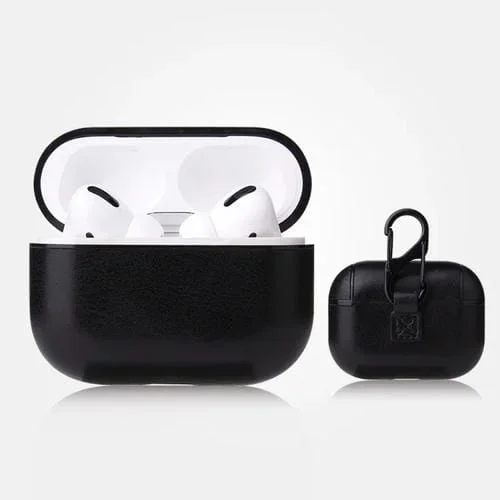 Funda Protectora para Airpods Pro Cuero PU Textura Caballo Loco Anti-Caída con Mosquetón (Negro)