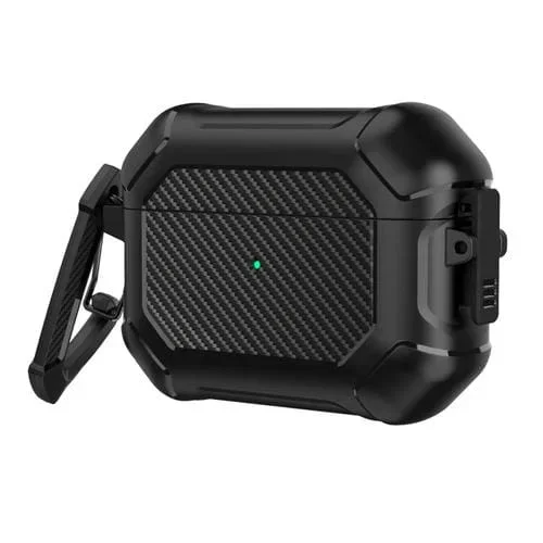 Funda Protectora para Auriculares Carbon Brazing Dimension TPU + PC con Bloqueo de Interruptor y Mosquetón para AirPods Pro (Negro)