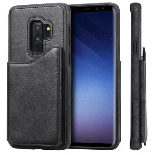 Funda Protectora para Galaxy S9 + con Textura de Pantorrilla a Prueba de Golpes con Soporte y Ranuras para Tarjetas (Negro)