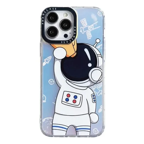 Funda Protectora para iPhone 13 Pro PC a Prueba de Golpes Patrón de Astronauta (Blanco con Telescopio)