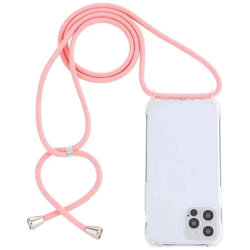 Funda Protectora para iPhone 15 Pro Max Acrílico Transparente Airbag a Prueba de Golpes con Cordón (Rosa)