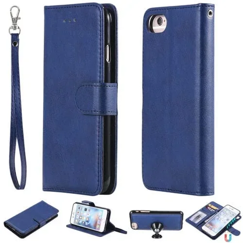Funda Protectora para iPhone 6/7/8 con Tapa Horizontal Soporte Ranuras Tarjetas Billetera Marco Fotos Cordón (Azul)