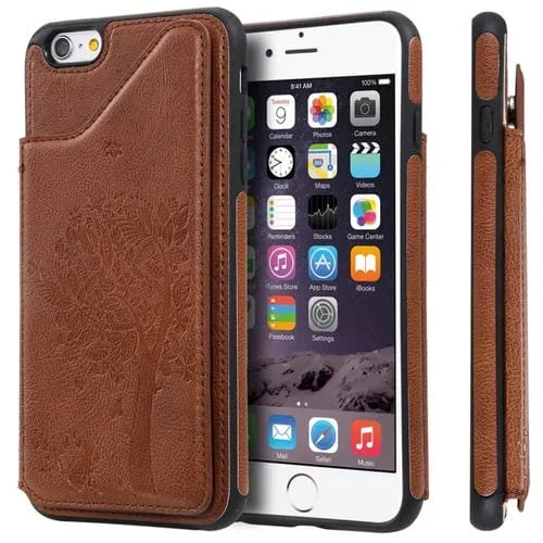 Funda Protectora para iPhone 6 Plus Cat Tree Engessing Pattern con Ranuras de Tarjetas y Marco de Fotos (Marrón)