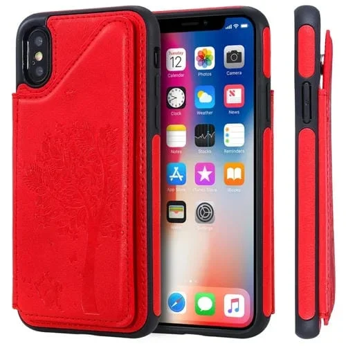 Funda Protectora para iPhone X Cat Tree Relieve Patrón a Prueba de Golpes con Ranuras para Tarjetas (Rojo)