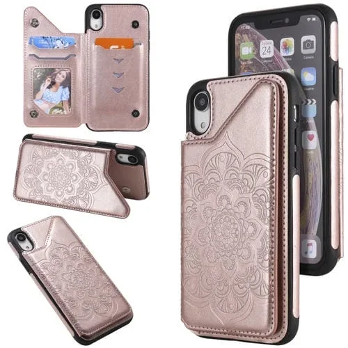 Funda Protectora para iPhone Xr con Soporte, Ranuras para Tarjetas y Marco de Fotos (Oro Rosa)