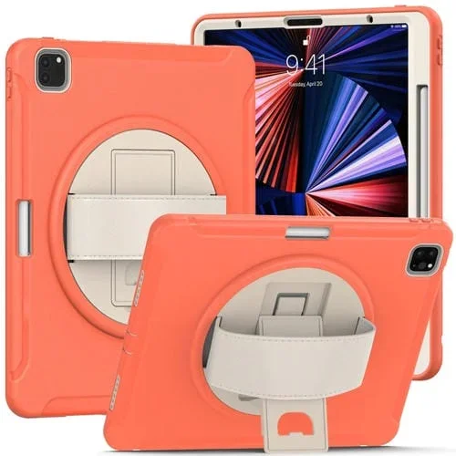 Funda Protectora para Tableta iPad Pro 12.9 2022/2021 Rotación 360° PC TPU Soporte Correa (Naranja Coral)