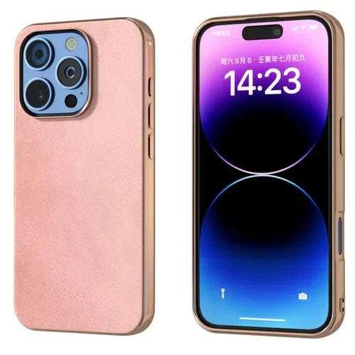 Funda Protectora para Teléfono iPhone 16 Pro Max Textura Piel de Vaca Dos Colores Nano Galvanoplastia (Oro Rosa)