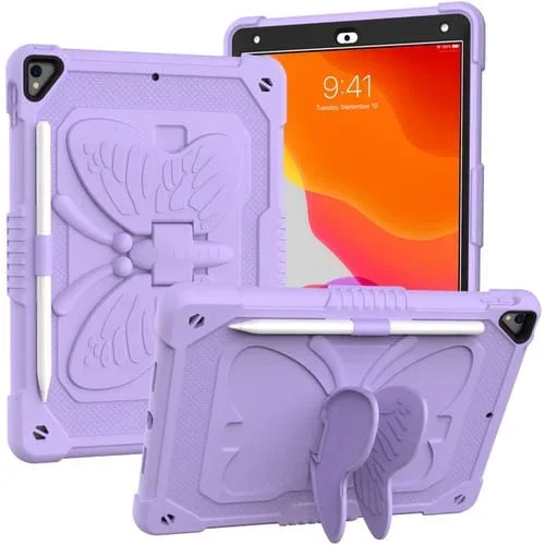 Funda Protectora + Soporte Mariposa + Ranura Bolígrafo para iPad 10.2 2021 2020 2019 Air 3 10.5 (Púrpura Claro)