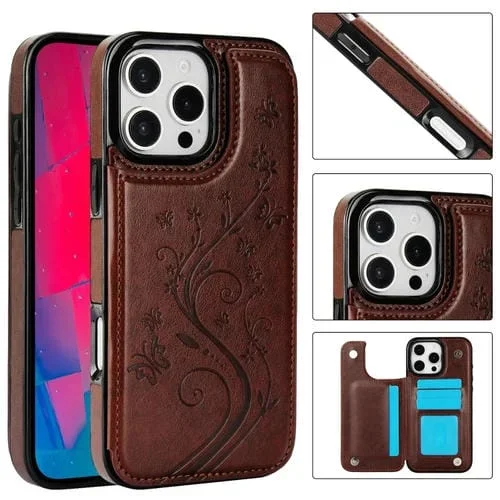 Funda Pu con Doble Hebilla Estampado Mariposas para iPhone 16 Pro Max (Marrón)