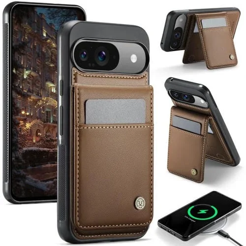 Funda PU con Tarjetero RFID Magsafe Jeehood J06 para Google Pixel 9/9 Pro (Marrón)