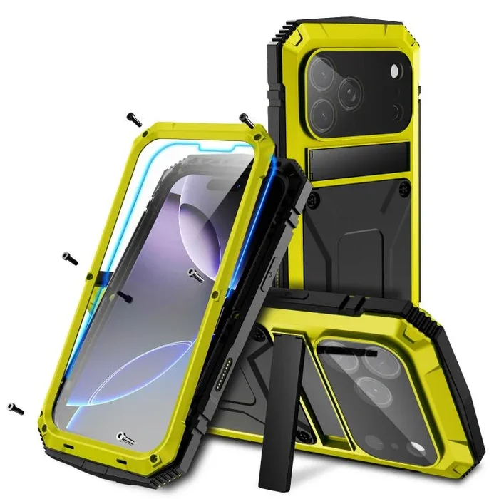 Funda R-JUST de metal, silicona y vidrio templado para iPhone 17 Pro, resistente al agua y con soporte (amarilla)