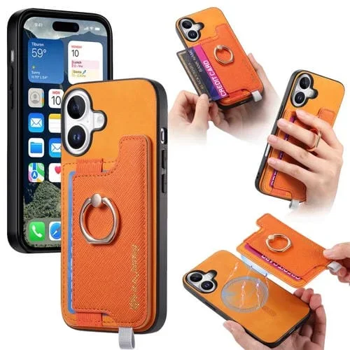 Funda retro Magsafe Cross de cuero con anillo y tarjetero para iPhone 17 (amarilla)
