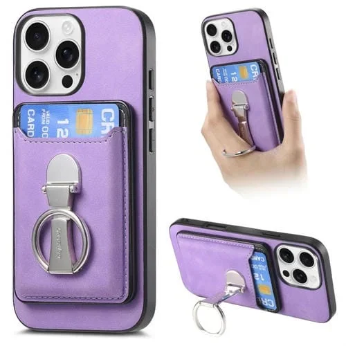 Funda Retro Plegable con Anillo y Tarjetero para iPhone 16 Pro Magsafe (Morado)