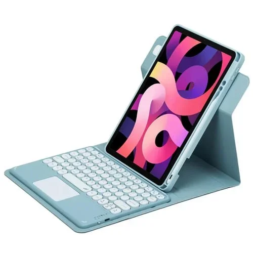 Funda Teclado Bluetooth para iPad Air 2022 y iPad Pro 11 2021 con Botón Redondo 360 Grados Giratorio y Panel Táctil (Azul Niebla)