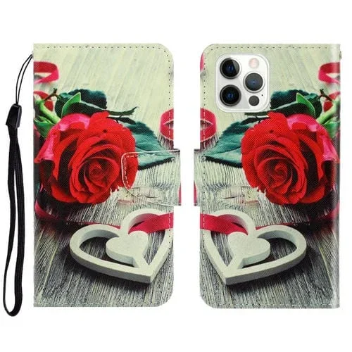 Funda Telefónica de Cuero iPhone 13 Pro Dibujo En 3D Horizontal (Rosa Roja)