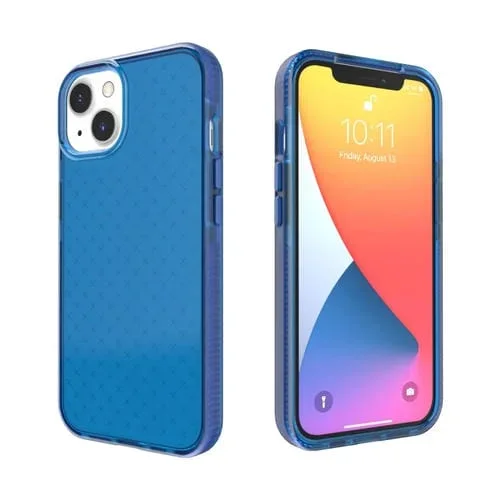Funda telefónica iPhone 13 Transparente a prueba de choques Patrón de cuadrícula (Azul)