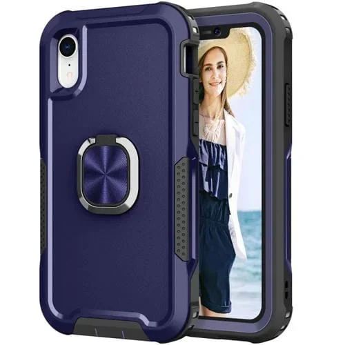 Funda Telefónica TPU 3 En 1 con Soporte de Anillo para iPhone Xr (Azul Marino)