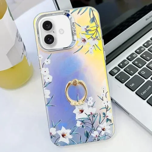Funda teléfono TPU para iPhone 16 Plus con soporte de anillo y diseño flor láser galvanoplastia (Morning Glory)