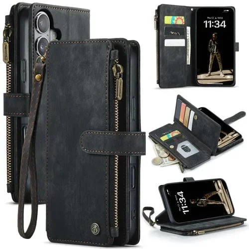 Funda tipo billetera Caseme C30 para iPhone 16 Plus con cremallera y ranuras para tarjetas (Negra)