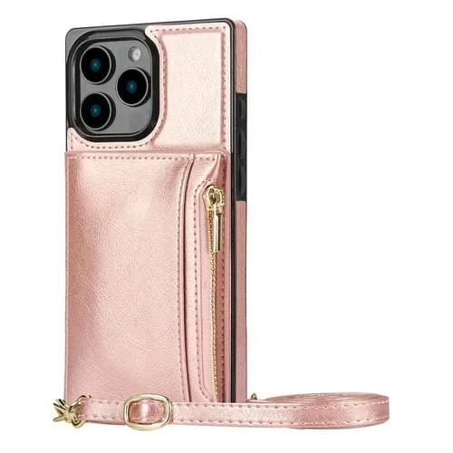 Funda Tipo Billetera con Cremallera Cuadrada para iPhone 16 Pro Max Carcasa Trasera de TPU y Pu (Oro Rosa)