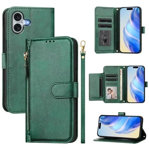 Funda Tipo Billetera Cuero con Cremallera y Ranuras para Tarjetas para iPhone 16 Plus (Verde)