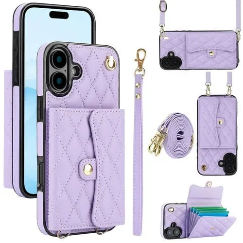 Funda Tipo Billetera Cuero con Diseño de Rombos y Bandolera para iPhone 16 Plus (Morado)