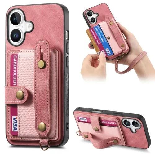 Funda Tipo Billetera Cuero Diseño Retro Pulsera Cruzada para iPhone 16 Plus (Rosa)