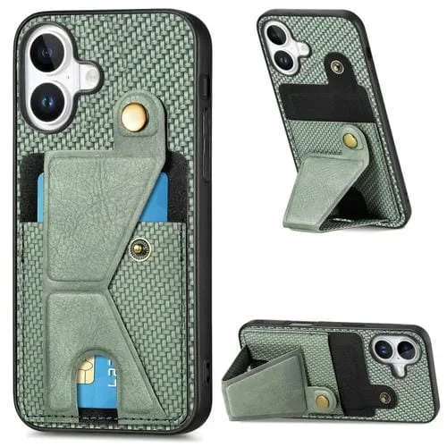 Funda Tipo Billetera Fibra de Carbono con Tapa Tipo K para iPhone 16 Plus (Verde)