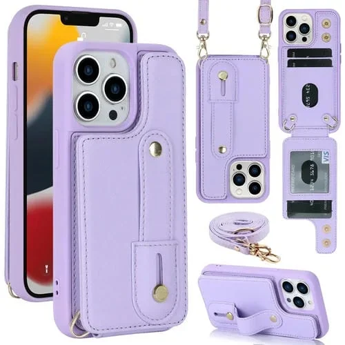 Funda Tipo Billetera para iPhone 16 Pro Max con Tapa Vertical y Correa para Muñeca (Morado)