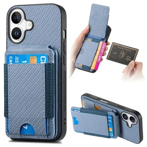Funda Tipo Cartera Fibra de Carbono iPhone 16 Plus Tapa Vertical (Azul)
