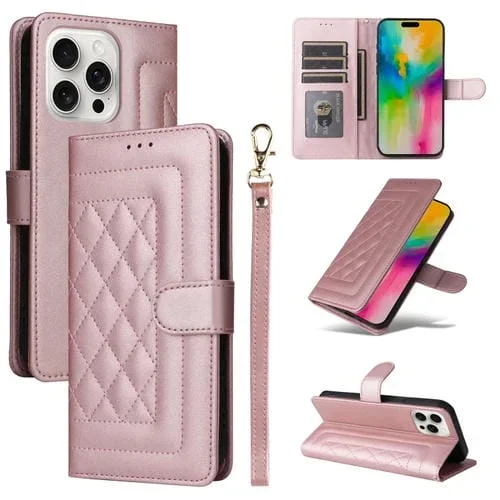 Funda Tipo Libro Cuero Entramado Diamantes iPhone 16 Pro (Oro Rosa)