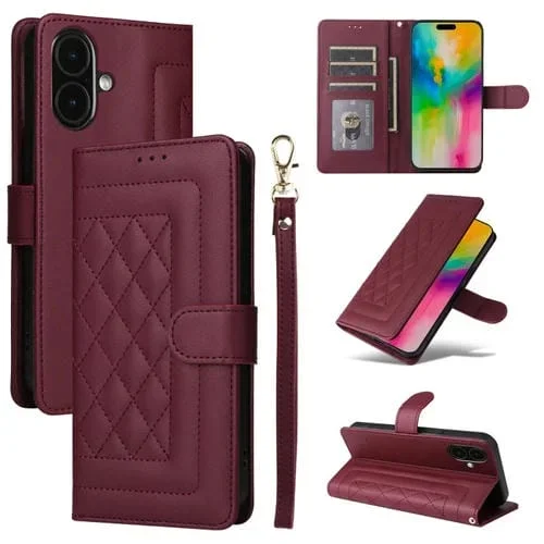 Funda Tipo Libro Cuero Entramado Diamantes iPhone 16 (Rojo Vino)