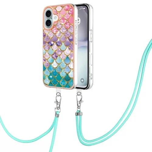 Funda TPU a prueba de golpes con patrón de galvanoplastia IMD para iPhone 16 con cordón para el cuello (Escamas de Colores)