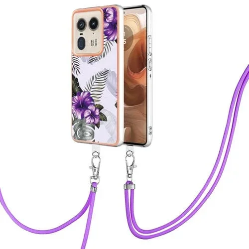 Funda TPU a Prueba de Golpes con Patrón Galvanoplastia Imd para Motorola Edge 50 Ultra con Cordón (Flor Morada)