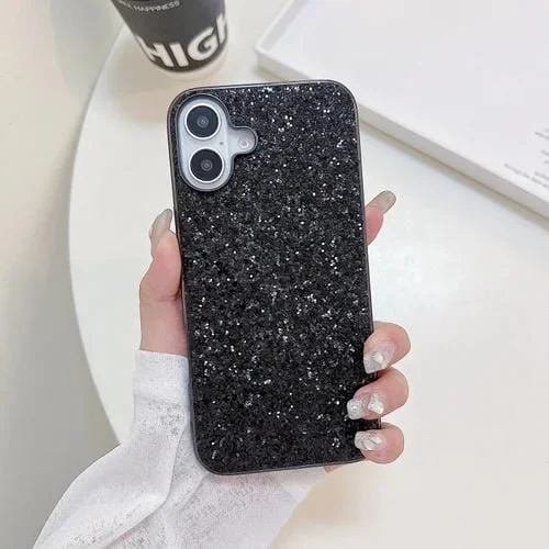 Funda TPU a prueba de golpes con purpurina en polvo para iPhone 16 Plus (Negra)