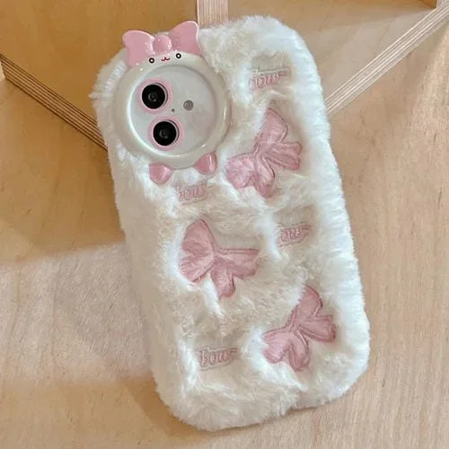 Funda TPU con Bordado de Felpa para iPhone 16 (Lazo Beige)