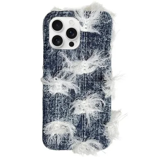 Funda TPU con Diseño de Mezclilla y Camellia para iPhone 16 Pro (Azul Oscuro)