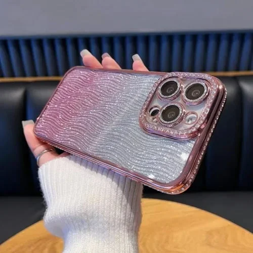 Funda TPU con Purpurina y Degradado Ondas de Agua y Diamantes para iPhone 16 Pro Max (Rosa)
