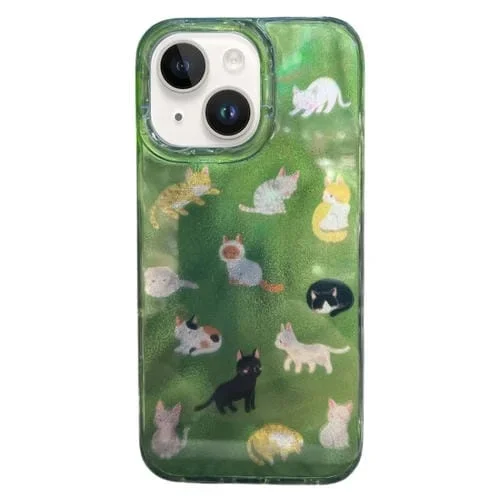 Funda TPU Doble Capa iPhone 13 Patrón Imd Varios Gatos (Verde Oscuro)